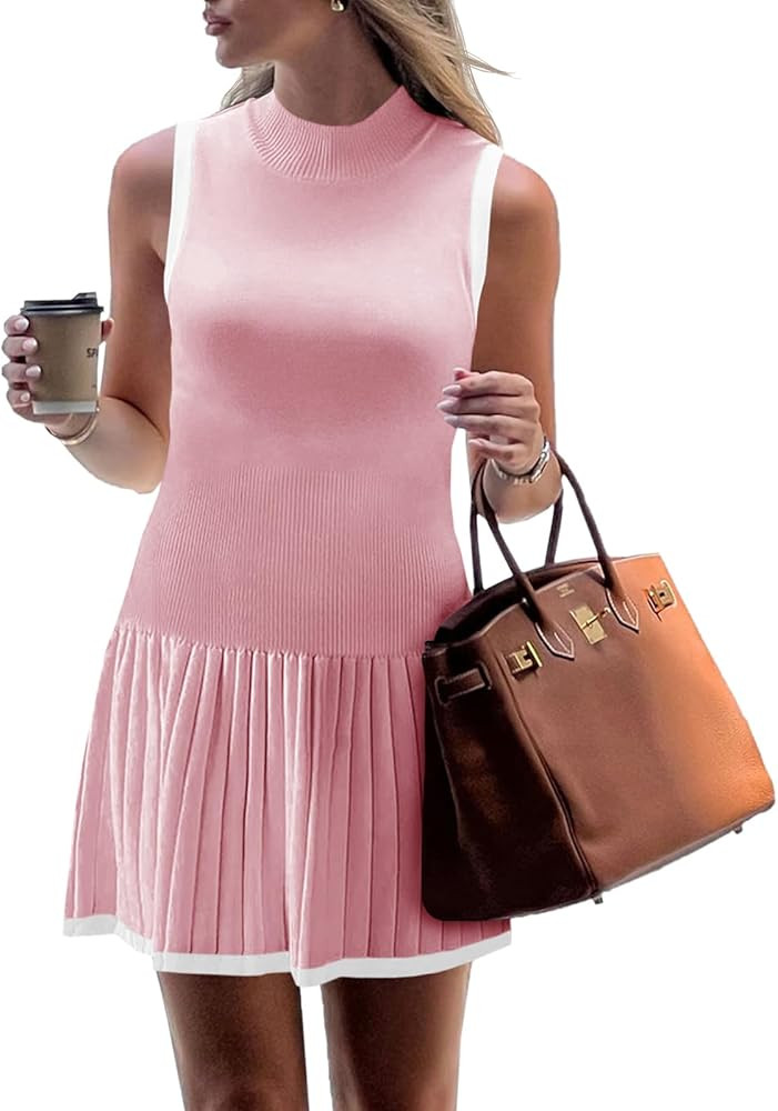 Wenrine Womens Sleeveless Summer Mini Dress Mock Neck Ribbed Knit Ruffle Pleated Casual Tank Dres... | Amazon (US)