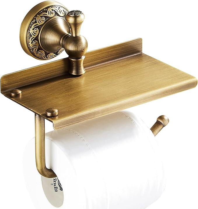 Toilet Paper Holder with Phone Shelf, Bathroom Toilet Paper Roll Holder Antique Bronze Brass Wall... | Amazon (US)