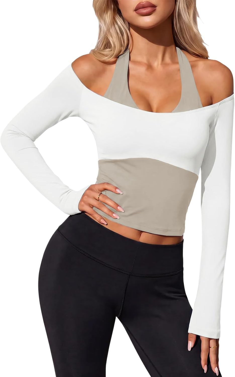 Aoysky Womens Off Shoulder Halter Crop Tops Long Sleeve Shirts Built in Bra | Amazon (US)