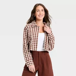 Women's Transitional Cropped Jacket - A New Day™ Brown Gingham S | Target
