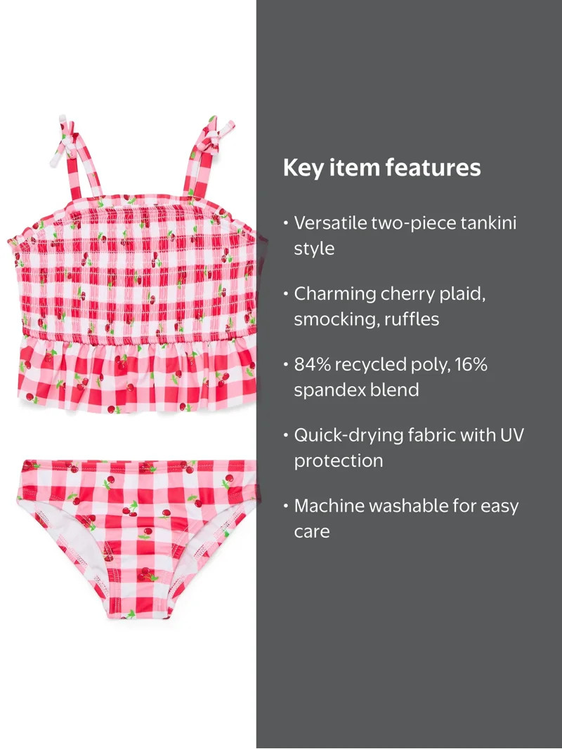 Wonder Nation Baby and Toddler Girl Ruffle Swim Cherry Plaid Tankini, 2-Piece, Sizes 12M-5T | Walmart (US)