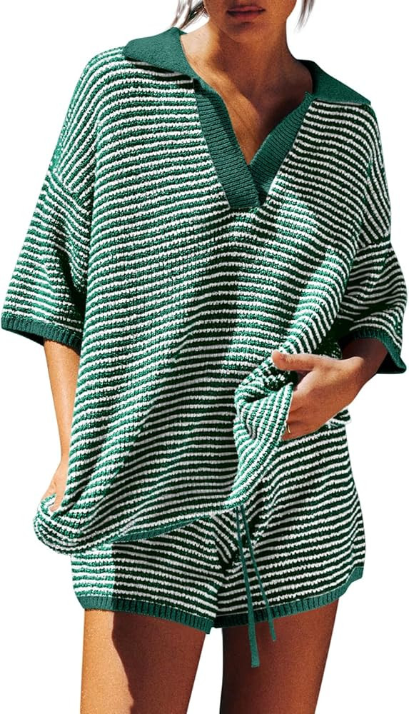Tankaneo Womens Sweater Set 2 Piece Outfits Oversized 3/4 Sleeve V Neck Knit Tops High Waisted Sh... | Amazon (US)