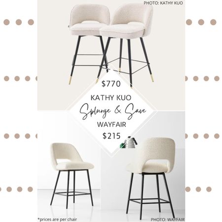 🚨New Find🚨 Kathy Kuo’s Eichholtz Cliff Modern Black Frame Boucle Stools come in a set of two and are made of plywood, plastic, and hollow steel.  They feature black and brass accents with cream boucle  fabric, tapered legs, and gold accents.

Wayfair’s Valdez Bar & Counter Stools also come in a set of two, are made of manufactured wood and steel, and feature 100% polyester fabric.  They also have black tapered legs, a low back, and a keyhole opening.

#counterstools #stools #kathykuo #sherpa #barstools #boucle #kitchen #seating #dining #lookforless #wayfair #modern #furniture #home #homedecor #decor.  Boucle counter stool.  Boucle stools.  Kitchen stools.  Counter stools.  Kathy Kuo Eichholtz Cliff Modern Black Frame Boucle Stool dupe. Look for less. sherpa counter stool, modern counter stool, upholstered counter stool, neutral counter stool, Kathy Kuo dupes, Kathy Kuo home, home decor, modern furniture, kitchen inspiration, kitchen island seating, kitchen island stools, bar stools  

#LTKsalealert #LTKhome #LTKstyletip