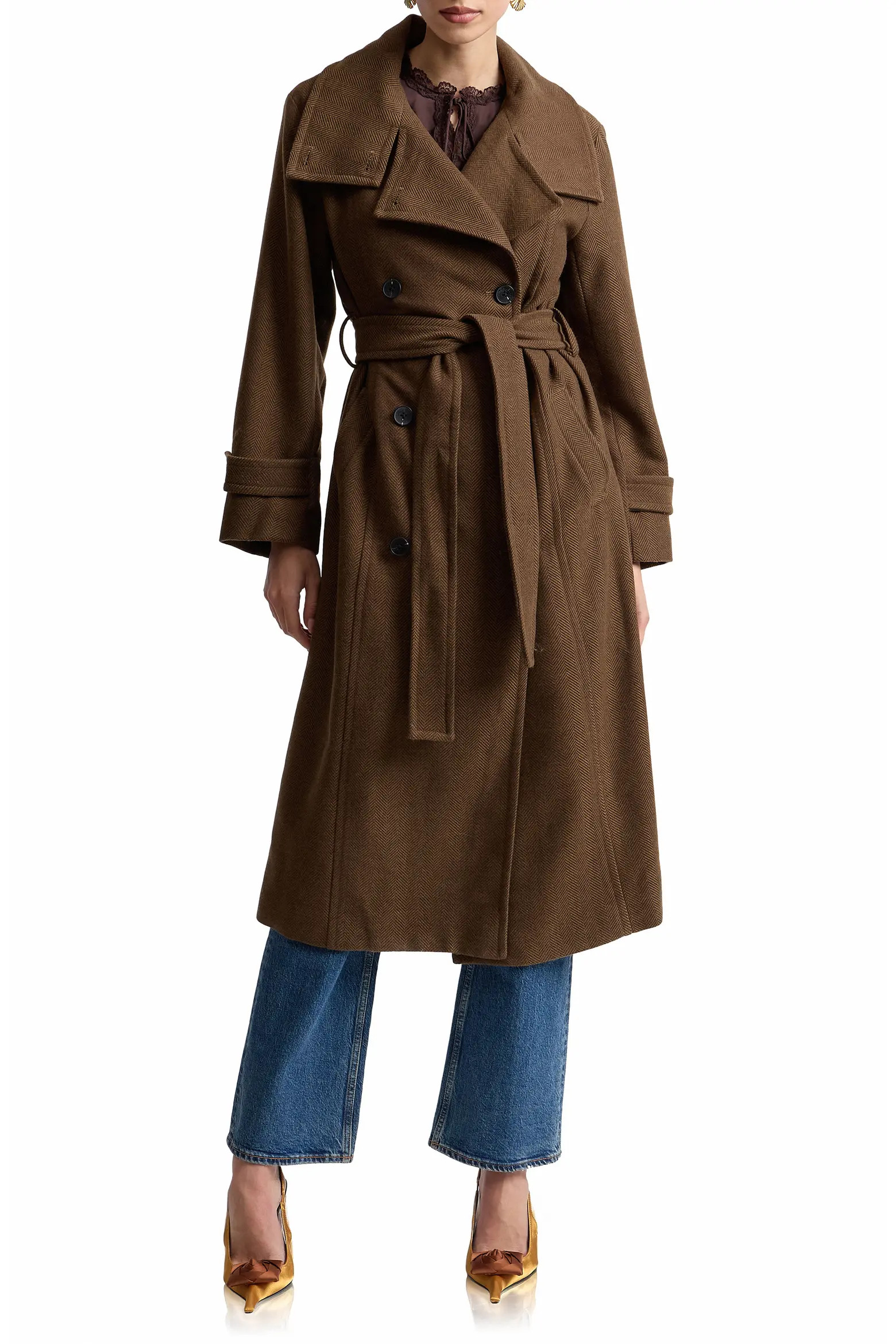 Belted Funnel Neck Herringbone Trench Coat (Women) | Nordstrom | Nordstrom