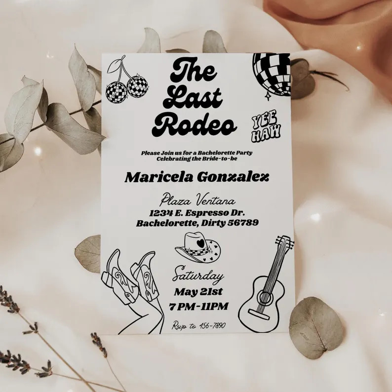The Last Rodeo Bachelorette Invitation, Disco Cowgirl Theme, Black and White, Western Bach Party,... | Etsy (US)