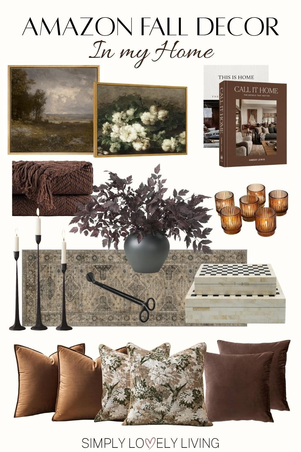 Shop my Amazon Fall decor. Amazon Fall decor in my Home! Moody Fall vibes. Vintage framed art. Brown coffee table books. Brown knit throw blanket. Brown oil covers. Fall pillow covers. Plum stems. Checkered decorative boxes. Black iron taper candle holders. Candle cutter. Vintage accent rug. Orange glass candle holders. No pumpkin Fall decor. #falldecor

#LTKHome #LTKSeasonal