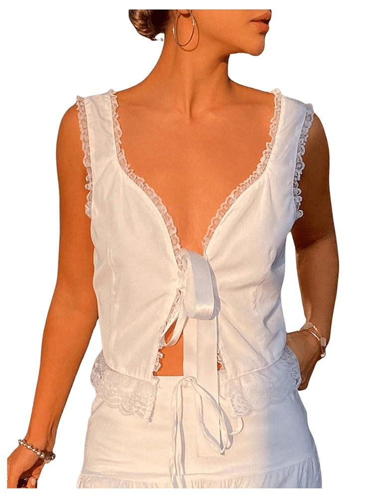 SOLY HUX Women's Y2k Lace Trim Open Tie Front Tank Top V Neck Sleeveless Tops | Amazon (US)