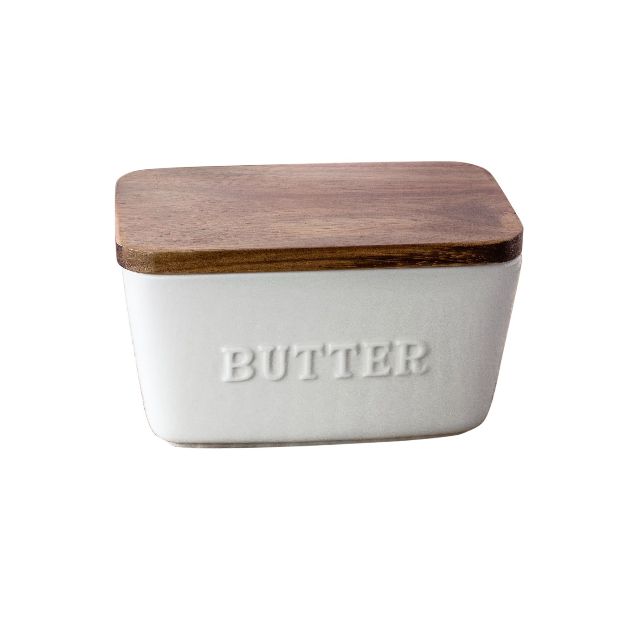 Better Homes & Gardens- White and Acacia Wood Porcelain Embossed Butter Dish - Walmart.com | Walmart (US)