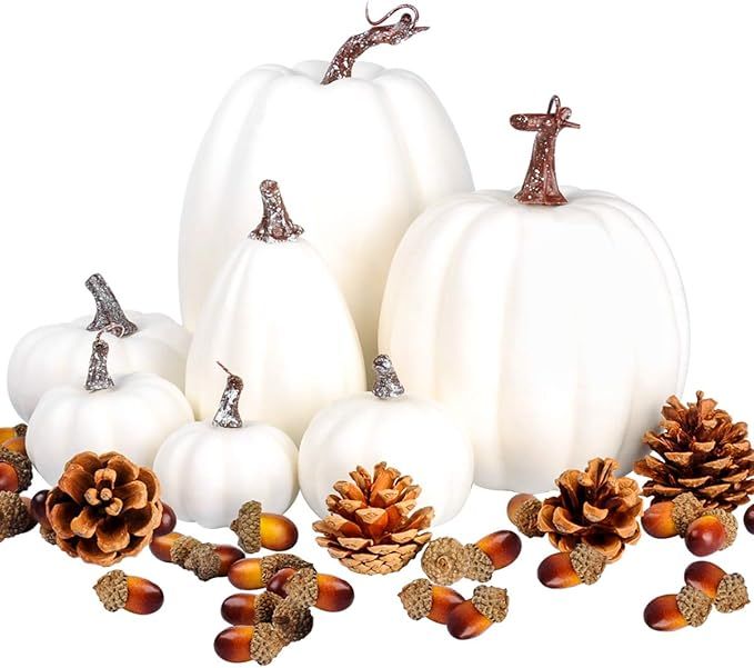 Toopify 7 pcs Assorted Sizes White Artificial Pumpkins Faux Foam Autumn Pumpkins with 24 pcs Acor... | Amazon (US)