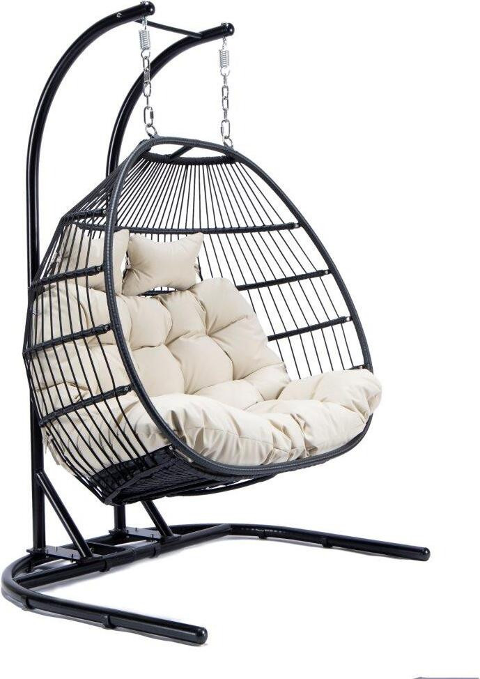 LeisureMod Beige Wicker 2 Person Double Folding Hanging Egg Swing Chair | 1stopbedrooms