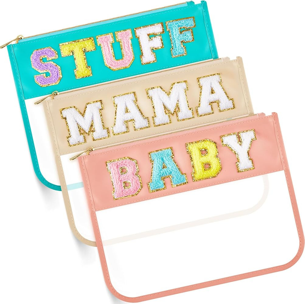 3 Pcs Chenille Letter Clear Zipper Pouch for Travel Waterproof Cosmetic Pouch Clear Snack Bags Ny... | Amazon (US)