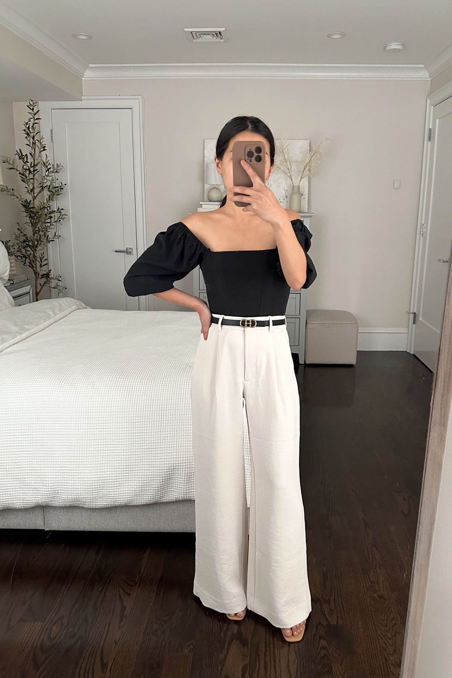 petite crepe wide leg pants outfit

•A+F puff sleeve corset top xxs
•Wide leg crepe pants 24 short - the waist runs bigger on these than on the Sloane crepe pants. I got a 24 short in these but usually a 25 short in Sloane. The fabric on these is more cream compared to the Sloane. Both styles are double layered and not see through  
•Reformation sandals 5.5 
•Edited Pieces mini belt (coming soon!)

#petite spring style evening dinner outfit 

#LTKSeasonal #LTKshoecrush