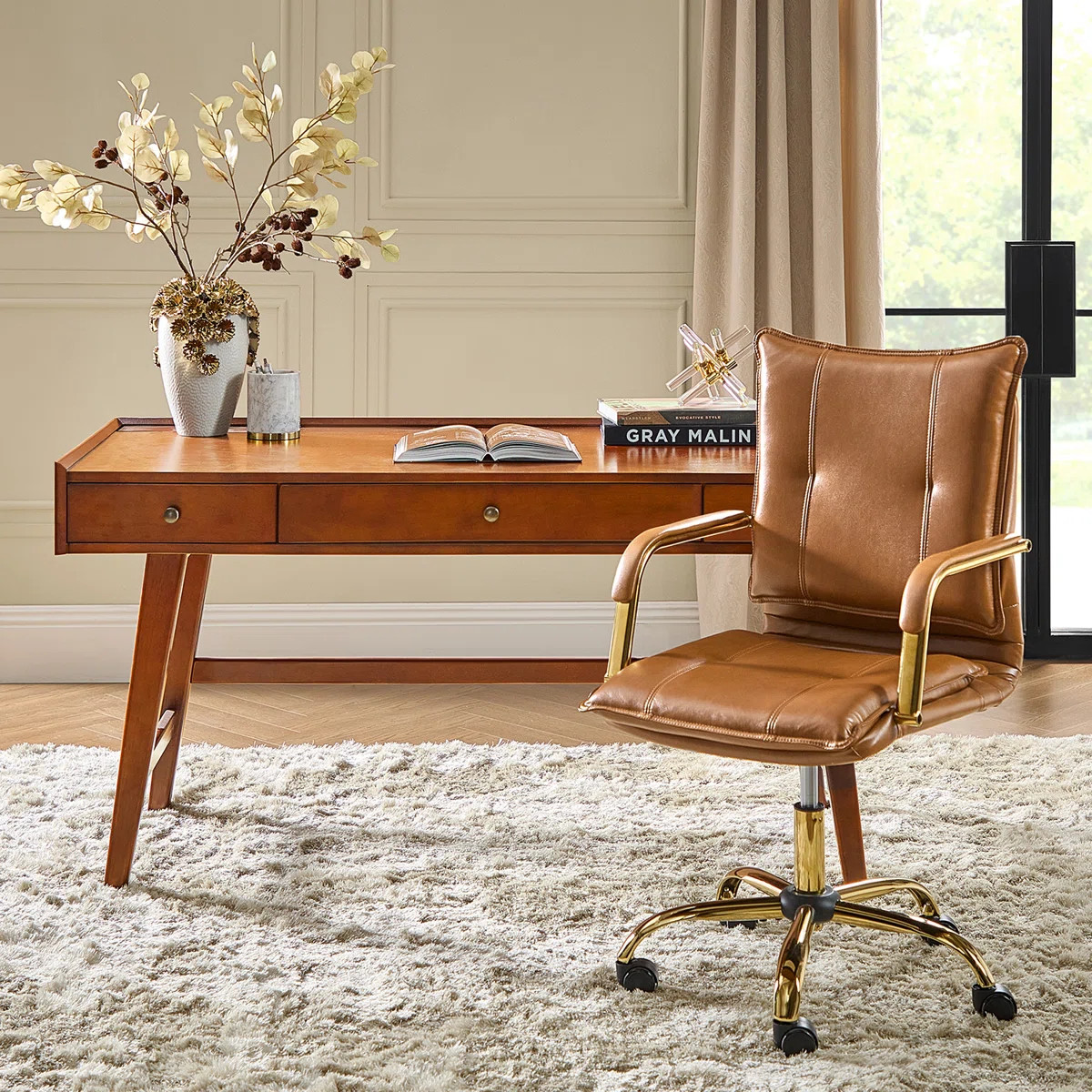 Lundgren Mid Century Modern 2-Piece Faux Leather Office Chair with Padded Arms and Solid Wood Bui... | Wayfair North America