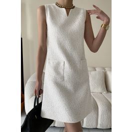 Sequin Embroidery Sleeveless Tweed Dress in White | Chicwish