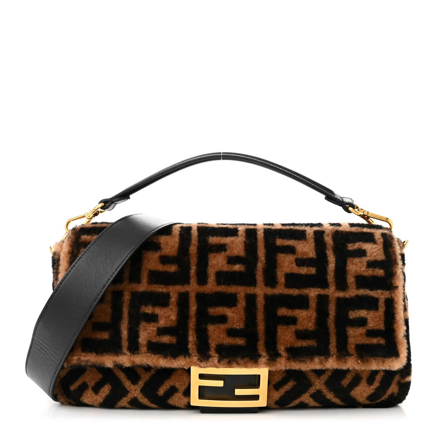 Shearling Vitello Dolce Macro FF 1974 Large Baguette Tobacco Black | FASHIONPHILE (US)