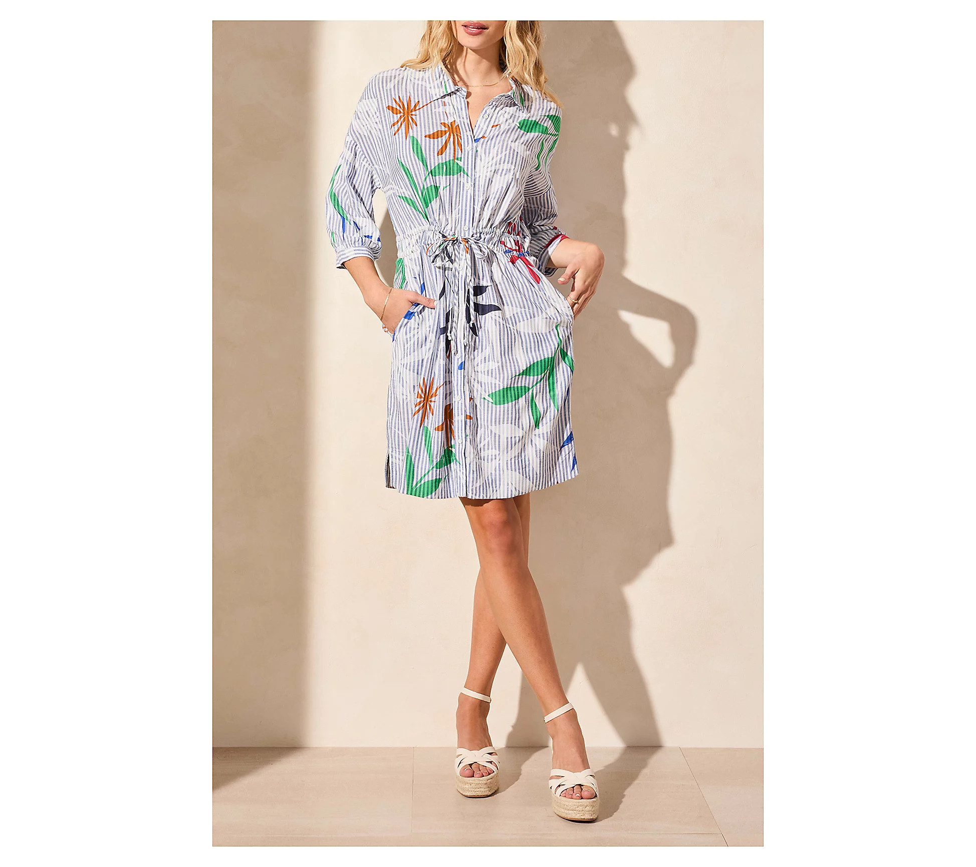 Tribal Water Print Tie-Waist Shirt Dress With P ockets | QVC