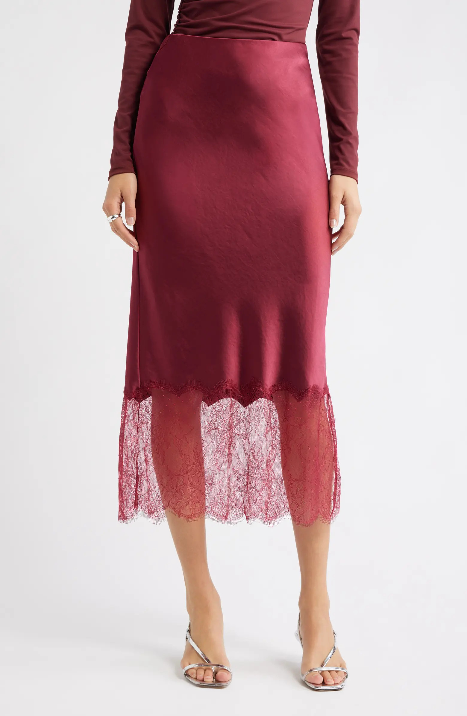 Lace Trim Satin Midi Skirt | Nordstrom