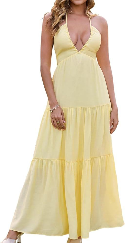 GLNEGE Summer Maxi Beach Dress Boho Halter V Neck Backless Bow Dresses Flowy Trendy Ruffle Sundre... | Amazon (US)