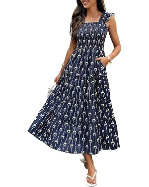 ECOWISH Women's Summer Maxi Dresses - 2026 Sleeveless Square Neck Ruffle Strap Smocked Flowy A Li... | Amazon (US)