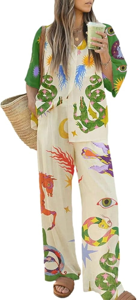 Kumufenc Women's Pajama Set Printed Lounge 2 Piece Outfits Soft Button Down Sleepwear Pants and T... | Amazon (US)