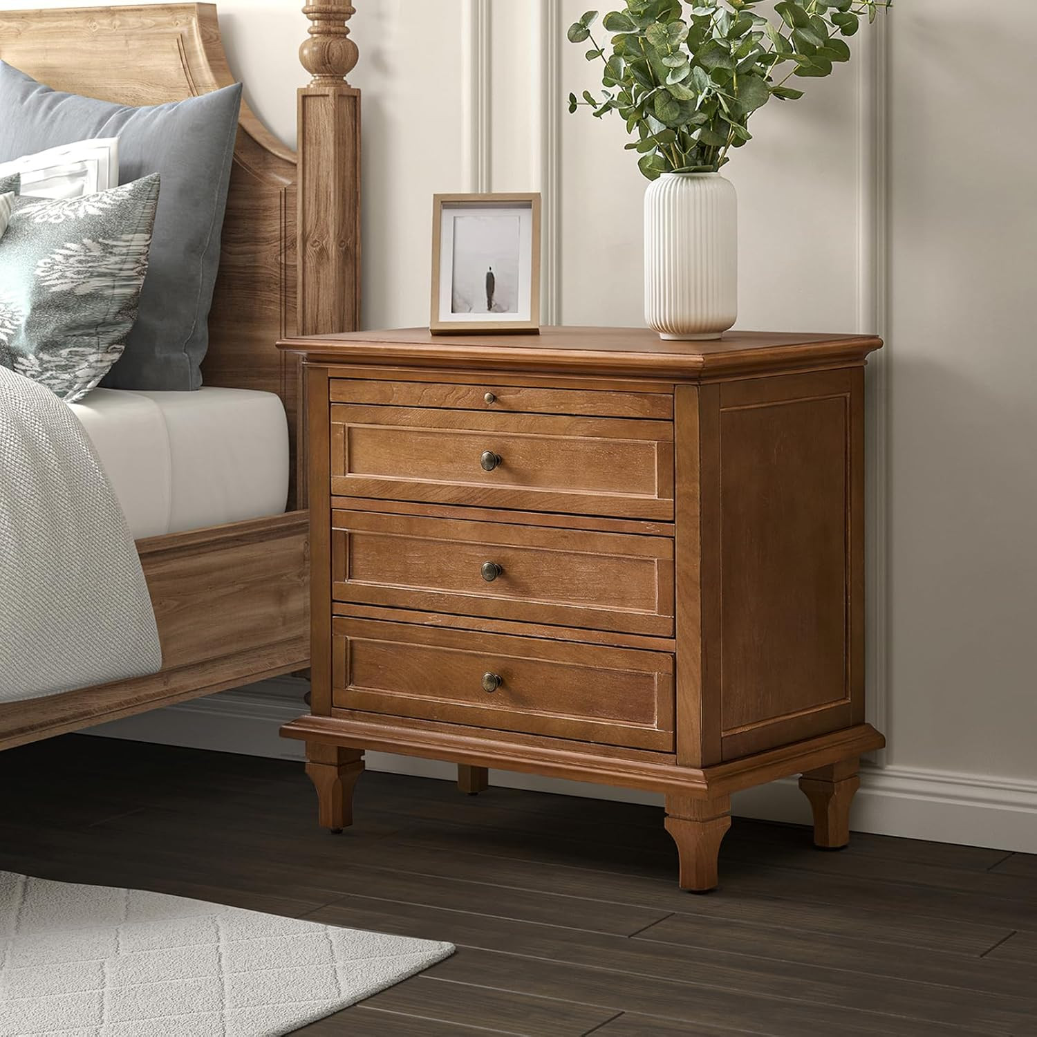 HULALA HOME Farmhouse 3 Drawer Nightstand with Tray, Drawer Organizer with Solid Wood Legs, Night... | Amazon (US)