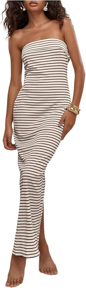 Milumia Women's Striped Tube Maxi Dress Strapless Sexy Split Backless Patrty Club Summer Long Dre... | Amazon (US)