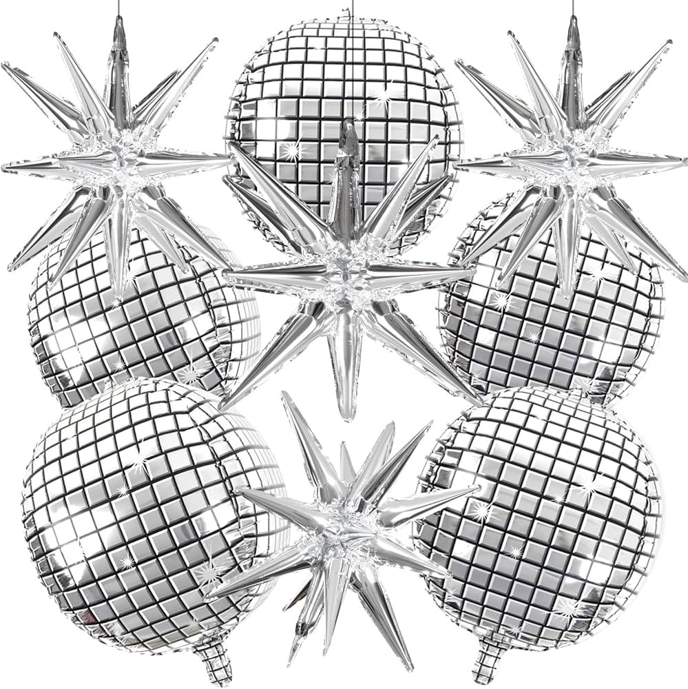 OuMuaMua 9pc 22 Inch Disco Ball & Star Balloons, Silver, Perfect for 70s Disco Parties, General C... | Amazon (US)