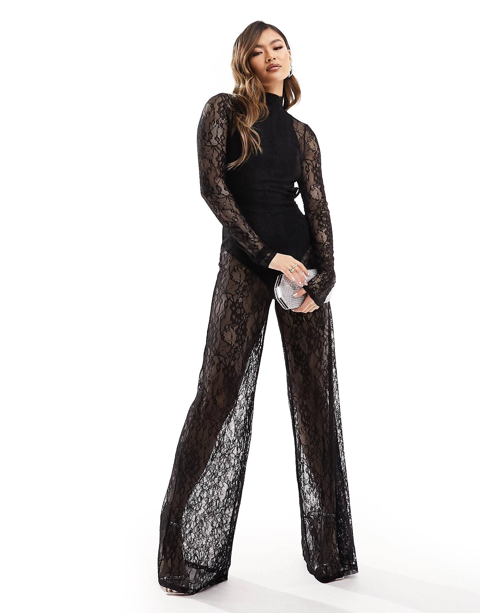 ASOS DESIGN lace overlay bodysuit wide leg jumpsuit in black | ASOS | ASOS (Global)