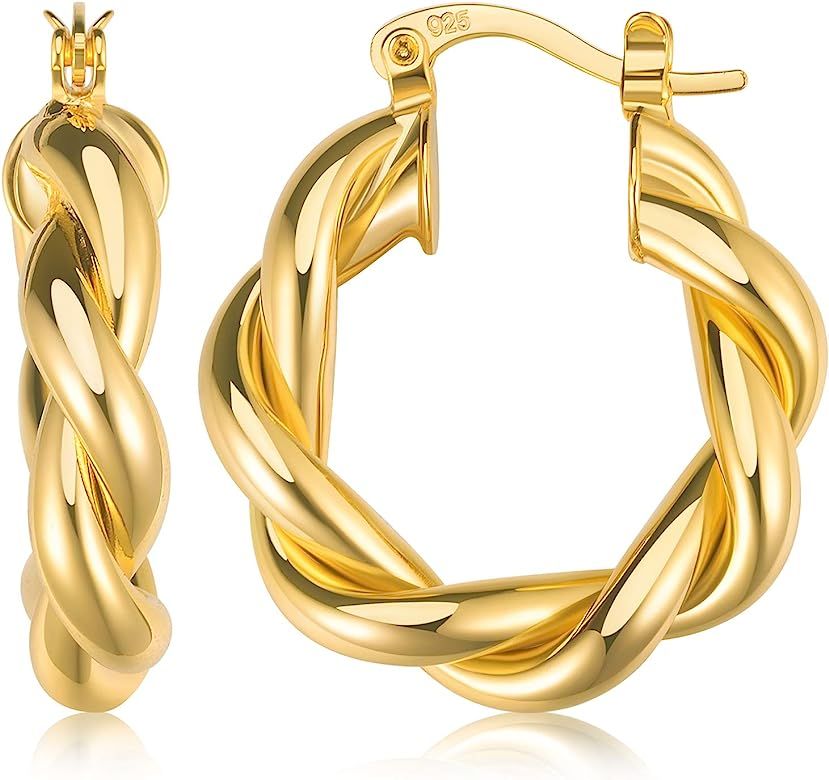 Twisted Hoop Earrings 18K Gold Plated 925 Sterling Silver Post Chunky Hoop Earrings Lightweight High | Amazon (US)
