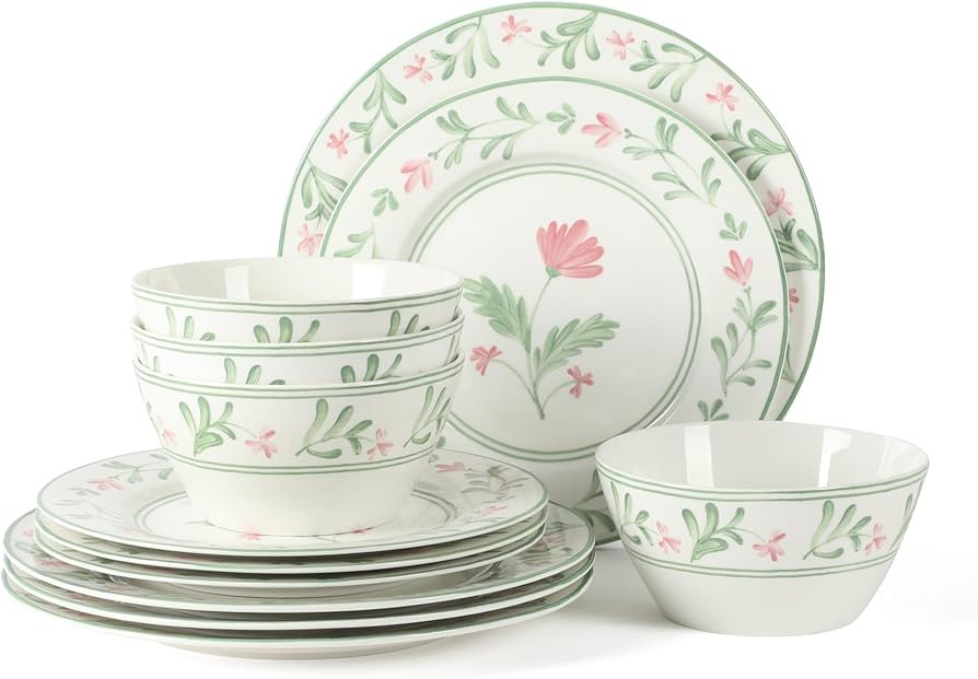 Martha Stewart Maiden Crown Plates and Bowls Sets, 12-Piece New Bone China Dinnerware Sets, Botan... | Amazon (US)