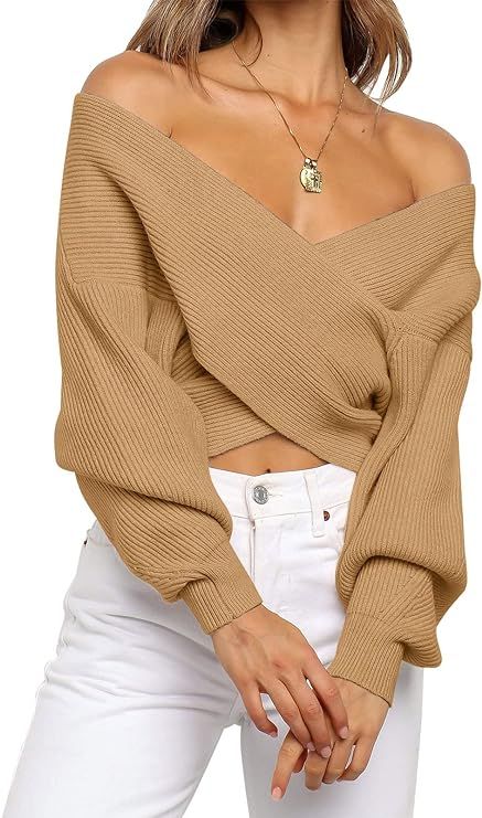 ZCSIA Women's Wrap V Neck Cropped Sweaters 2023 Fall Long Sleeve Cross Front Off Shoulder Solid K... | Amazon (US)