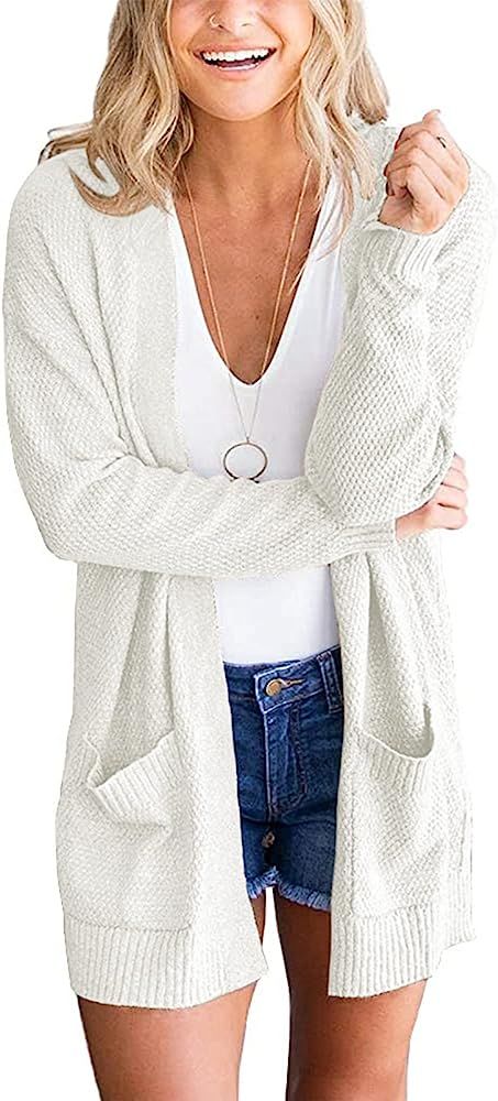 PIIRESO Women's Open Front Waffle Knit Cardigan Sweater Long Sleeve Loose Outwear with Pockets | Amazon (US)