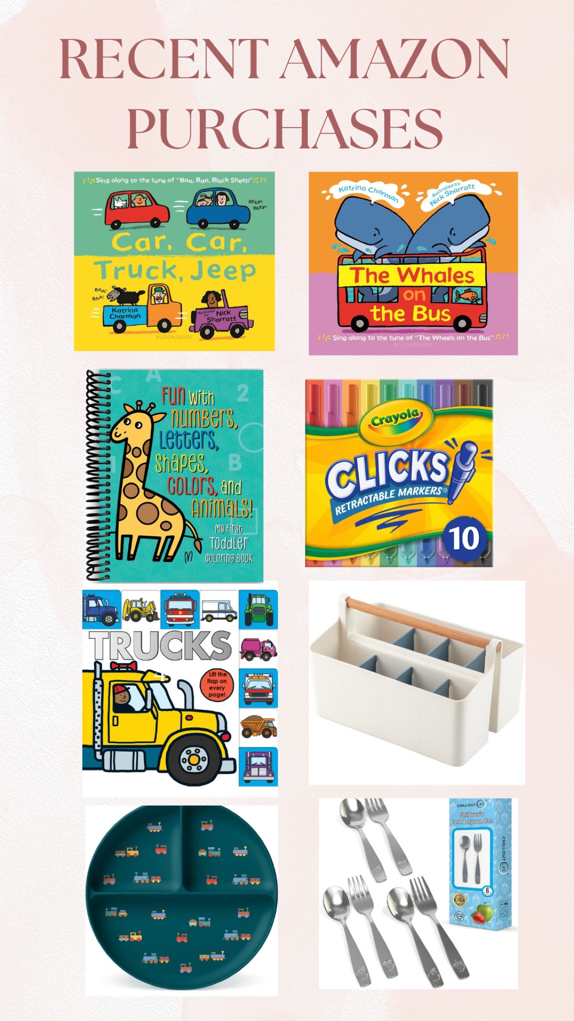 Had to replace a few books and get more coloring supplies for Ezra. Also got this sweet marker organizer. Also found a pack of stainless steel silverware and adorable train print plate. 
#amazonfortoddler #toddleractivities #toddlerbooks 

#LTKkids #LTKbaby #LTKGiftGuide