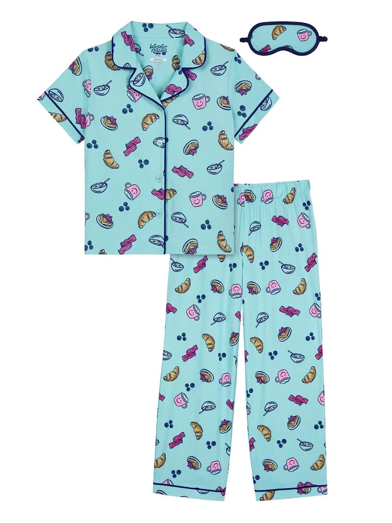 Wonder Nation Girls Short Sleeve Button Front Pajama Top and Pants Set with Eyemask, 3-Piece, Siz... | Walmart (US)