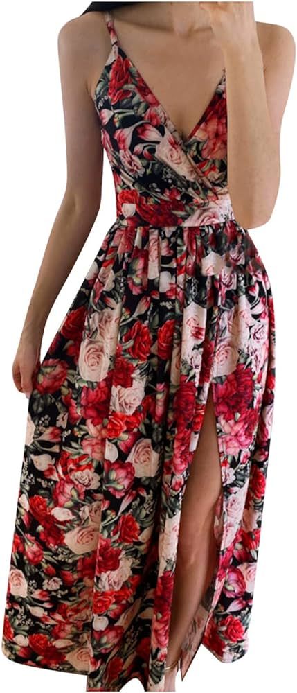 Floral Printed Sleeveless Elegant Evening Dress Deep V Neck Split High Slip Party Dress Mid Lengt... | Amazon (US)