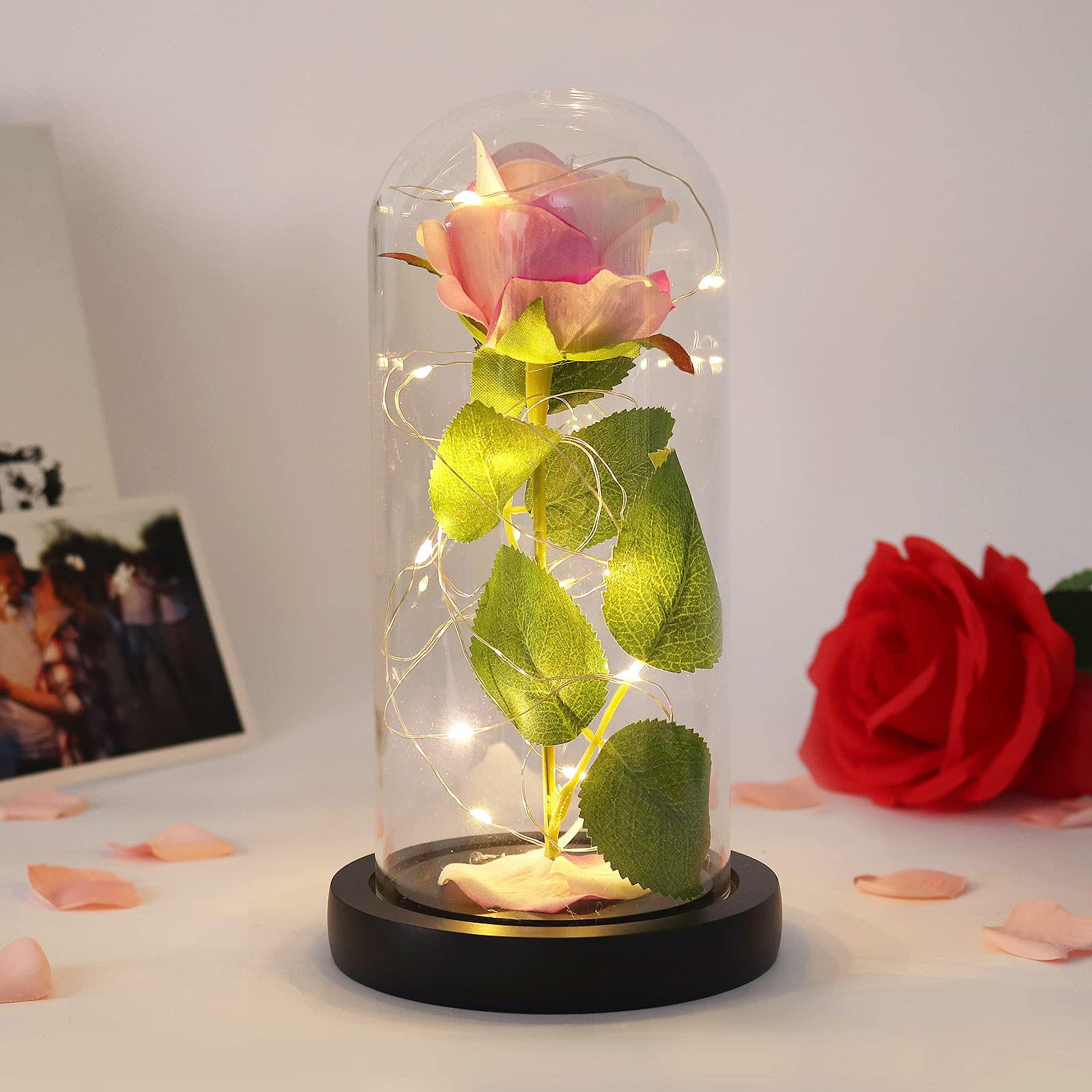 RECUTMS Beauty and The Beast Rose, Pink + White Rose and Led Light in a Glass Dome for Mothers Day V | Amazon (US)