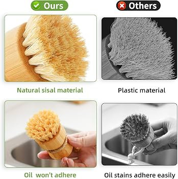 Bamboo Dish Scrub Brushes,Kitchen Wooden Cleaning Scrubbers Set for Washing Cast Iron Pan/Pot, Na... | Amazon (US)