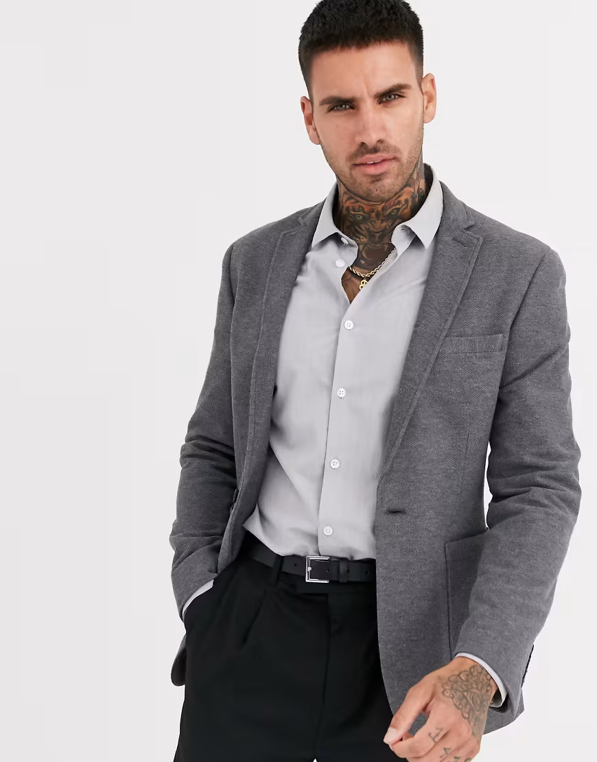 ASOS DESIGN super skinny pique jersey blazer in charcoal-Grey | ASOS (Global)