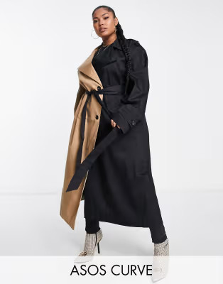 ASOS DESIGN Curve half and half trench coat in black and stone | ASOS (Global)