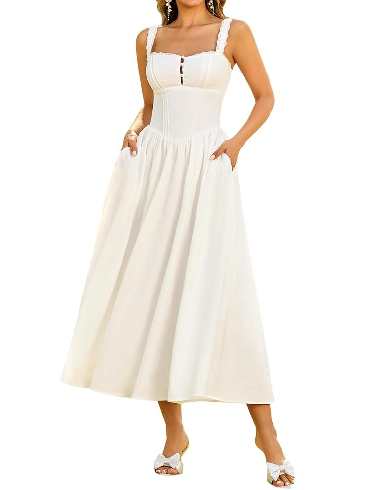 KUTUMAI Women Summer Lace Square Neck Midi Dress Corset Smocked Flowy A Line Beach Wedding Guest ... | Amazon (US)