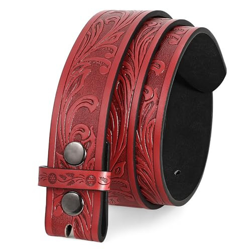 UpFind Men Women Western Belt Strap without Buckle 1.5" Wide Cowboy Cowgirl Floral Embossed PU Leather Belt Strap for Jeans,Red | Amazon (US)