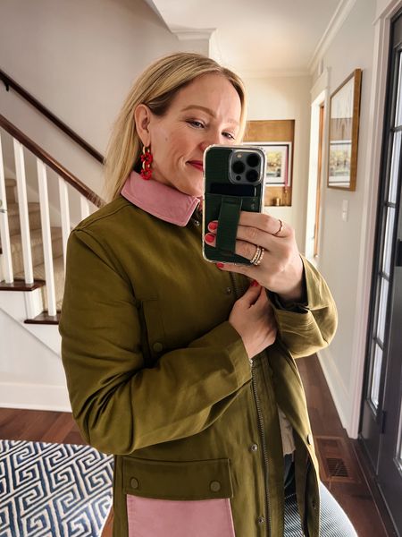 Spring outfit idea new arrivals from Boden (20% off today!) paired with adidas samba favorite sneakers - railroad stripe pants (true to size, also comes in petite), cardigan sweater, green, utility chore jacket, red bead and gold drop earrings
❤️ Claire Lately 

#LTKsalealert #LTKstyletip #LTKworkwear