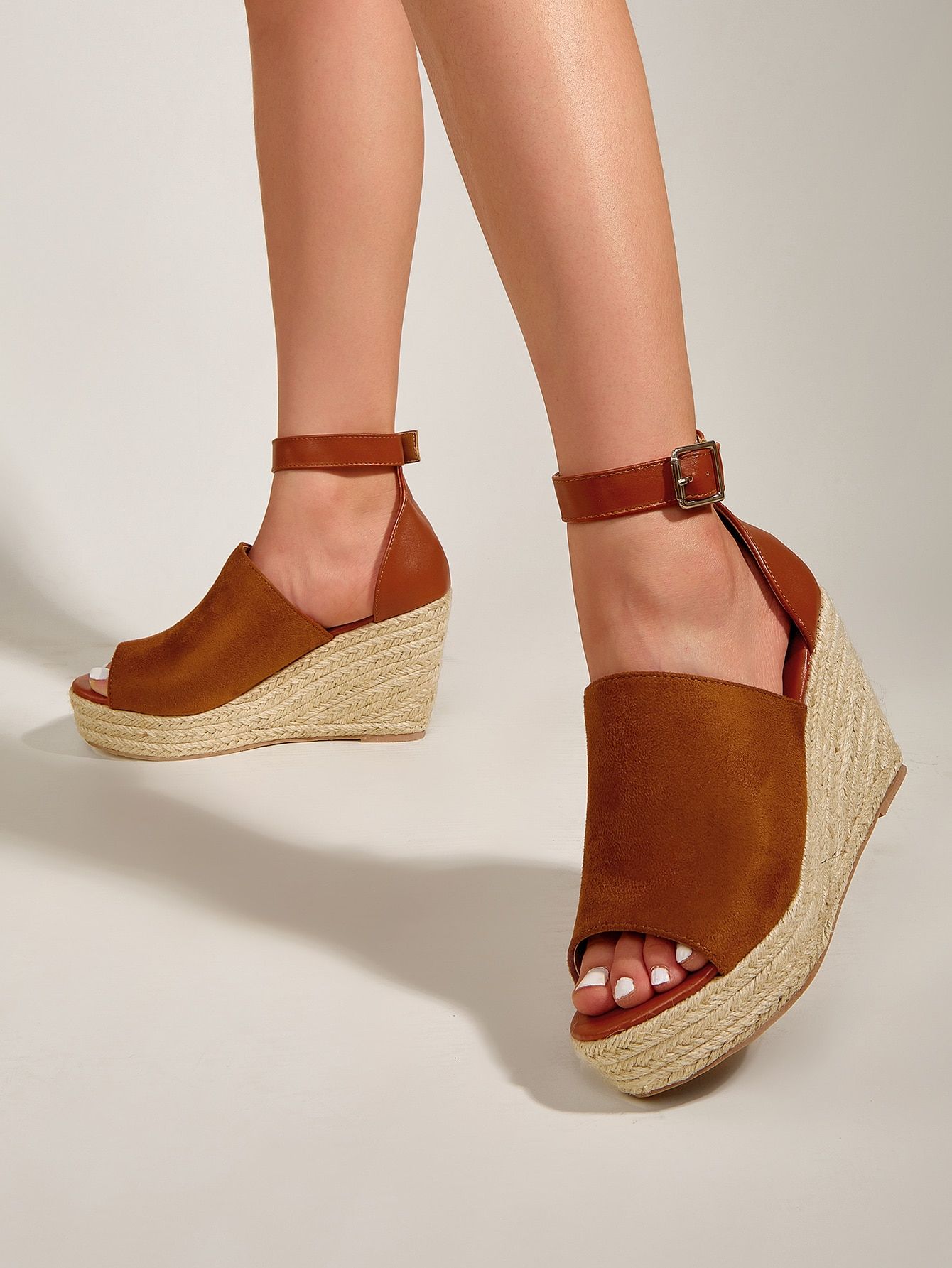 Open Toe Ankle Strap Espadrille Wedge Sandals | SHEIN