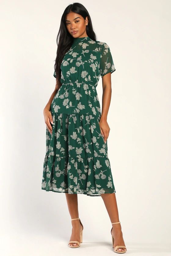 Floral Dressed Up Dark Green Floral Print Midi Dress | Lulus
