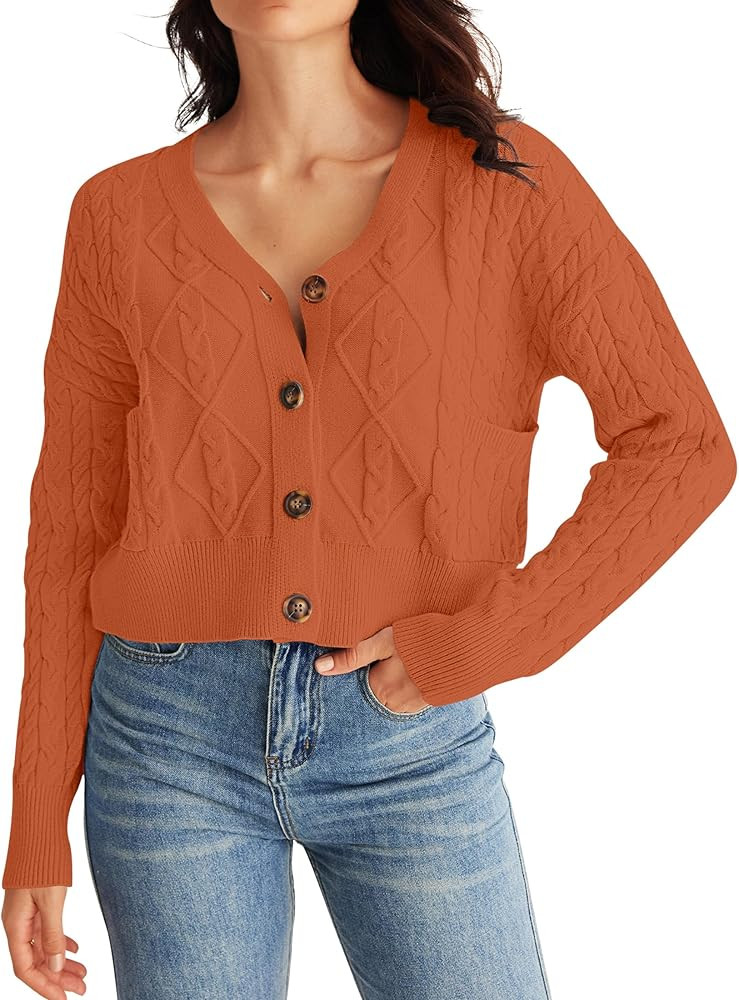 MEROKEETY Women's Long Sleeve Open Front Cable Knit Crop Cardigans V Neck Button Sweaters with Po... | Amazon (US)