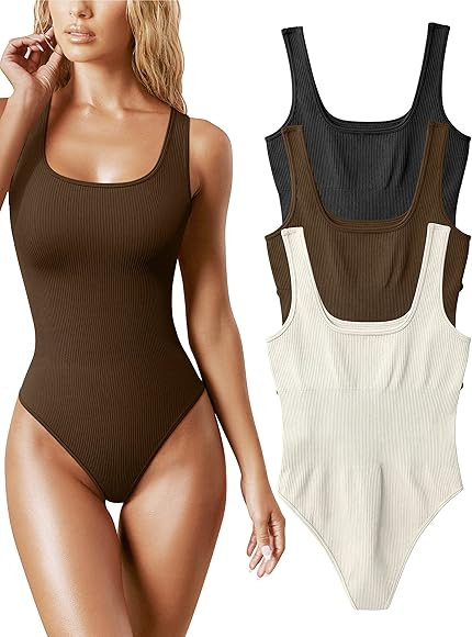 OQQ Women's 3 Piece Bodysuits Sexy Ribbed Sleeveless Square Neck Sleeveless Tank Tops Bodysuits | Amazon (US)