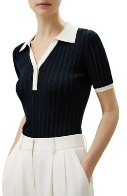 Lilysilk V Neck Ribbed Silk Knit Top in Navy Blue at Nordstrom, Size Medium | Nordstrom