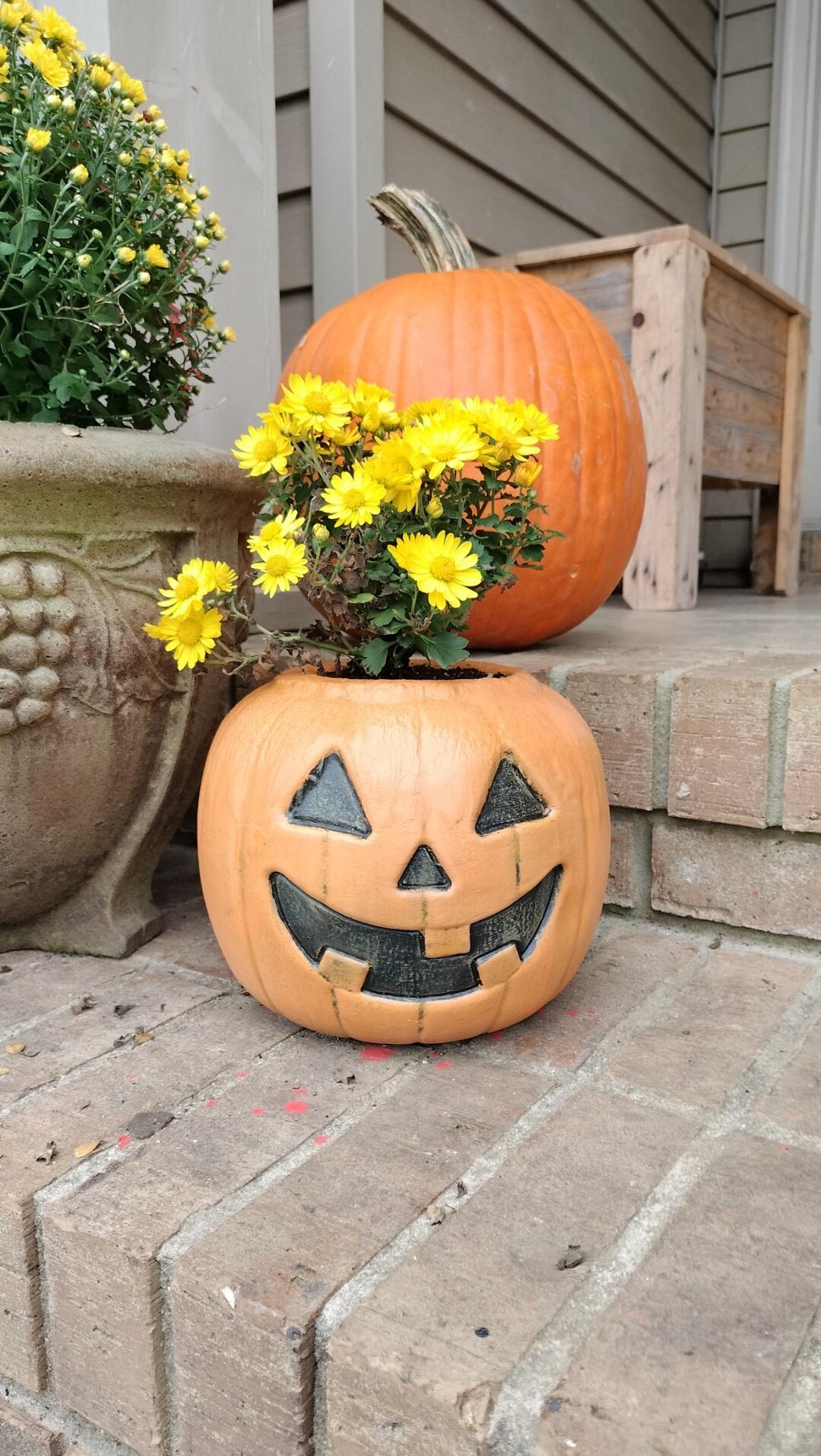 Concrete Pumpkin Mum Planter/ Jack O'lantern Cement Flower Pot Fall Autumn Outdoor Retro Vintage ... | Etsy (US)