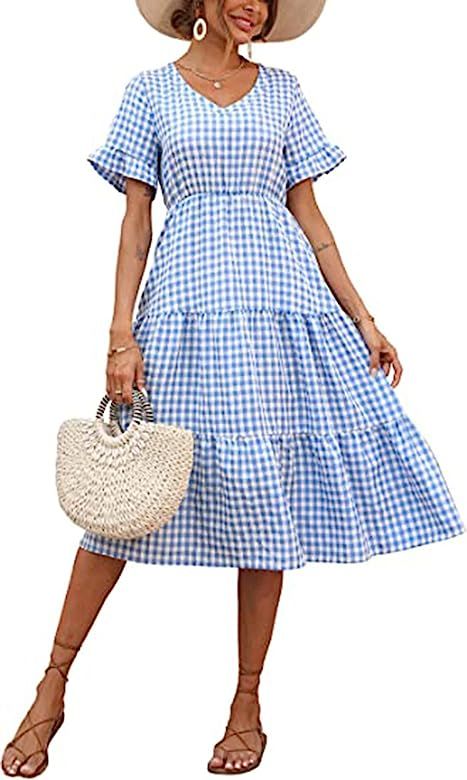 Women Casual Summer Plaid Beach Dress Ruffle Short Sleeve V-Neck A-Line Loose Flowy Gingham Swing... | Amazon (US)