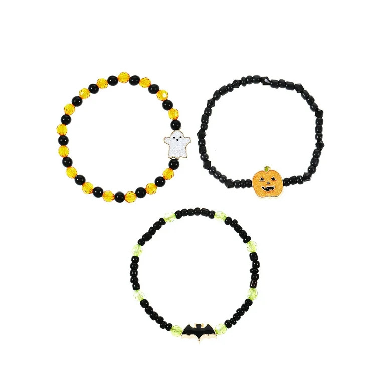 Way to Celebrate Halloween Beaded Stretch Bracelet Set, 3 Pieces, Orange, Black and Green | Walmart (US)